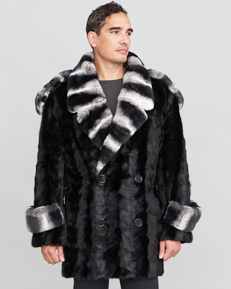 Manteau Mateo en fourrure de vison avec fourrure de lapin Rex au motif Chinchilla