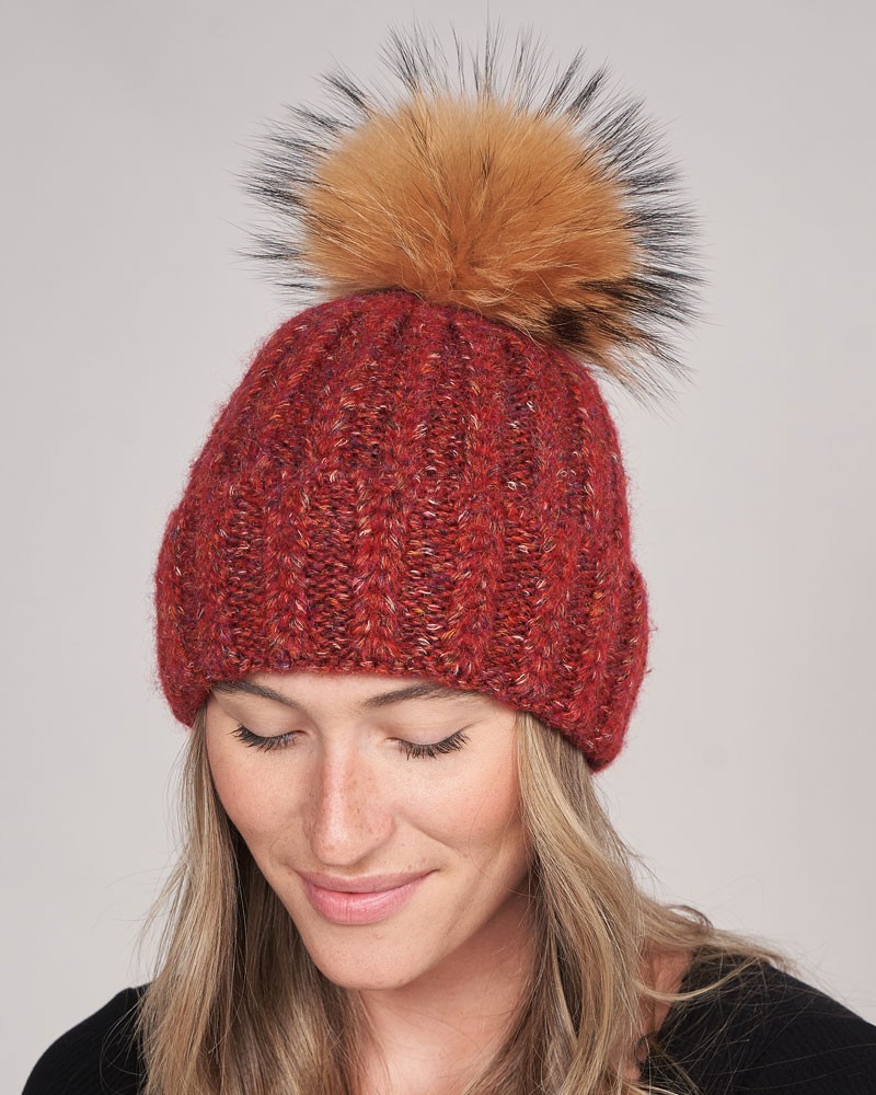 Meadow Cable  Knit Beanie with Finn Raccoon Fur Pom Pom in Red