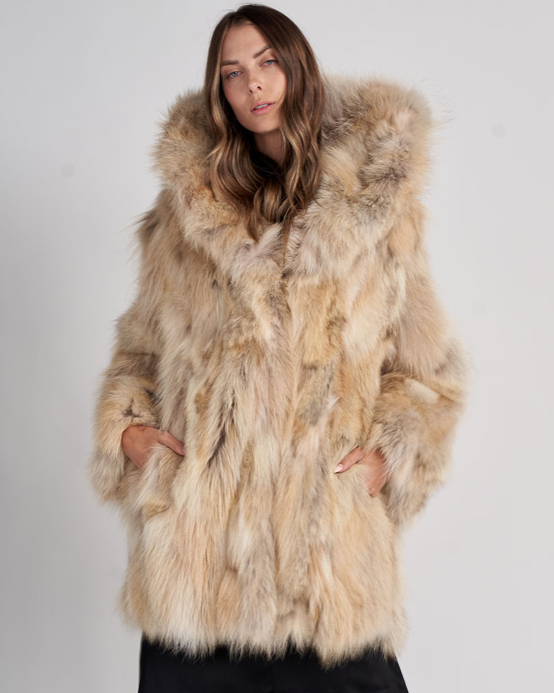 Melanie Hooded Coyote Fur Coat