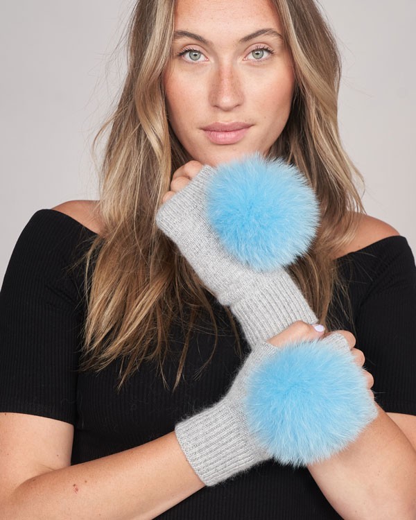 Melissa Knit Fingerless Gloves with Fox Fur Pom Pom in Sapphire