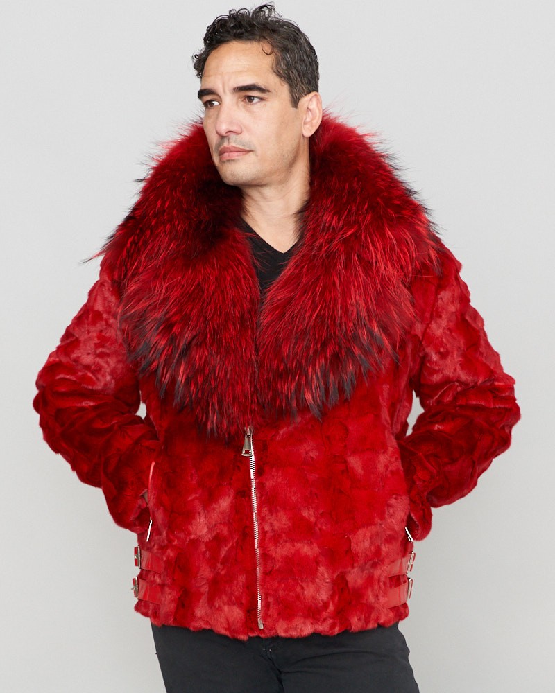 Ed Mink Moto Jacket with Fox Collar & Hood in Red
