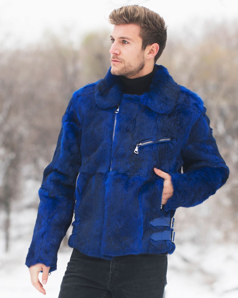 Evan Rabbit Fur Biker Jacket in Blue