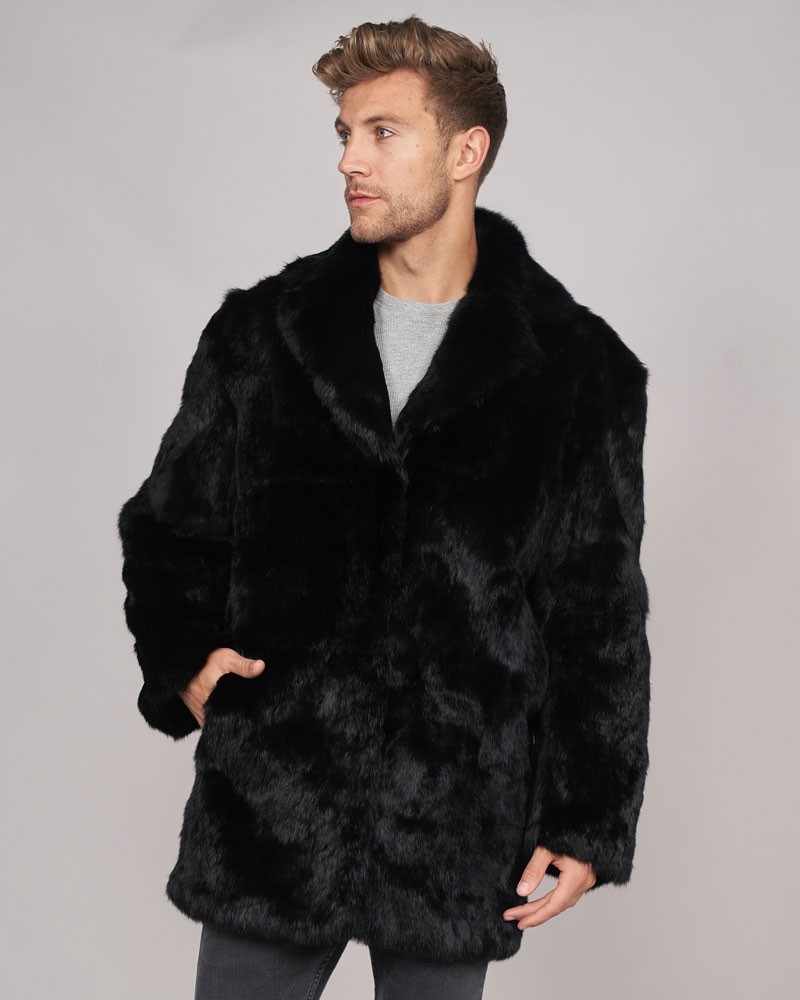 Carter Black Rabbit Fur Coat with Lapel Front For Men: FurHatWorld.com