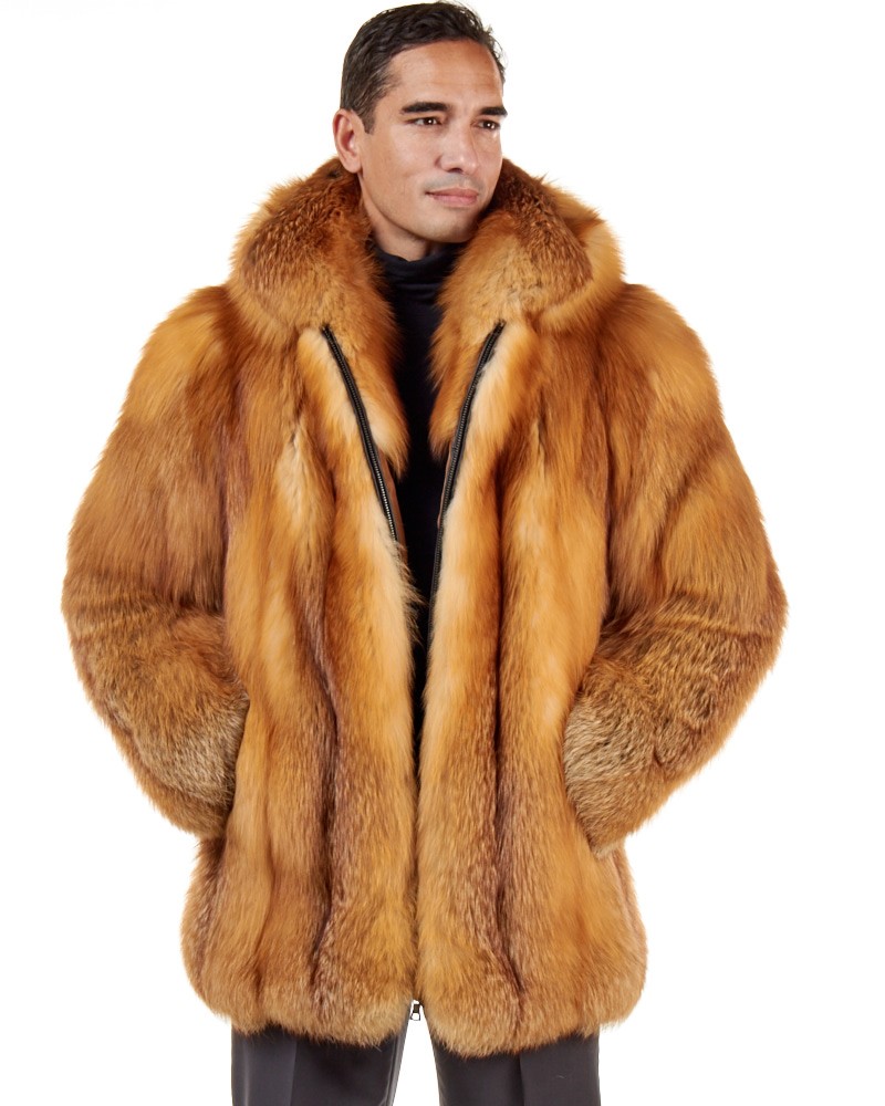 Mid Length Red Fox Fur Coat for Men: FurHatWorld.com