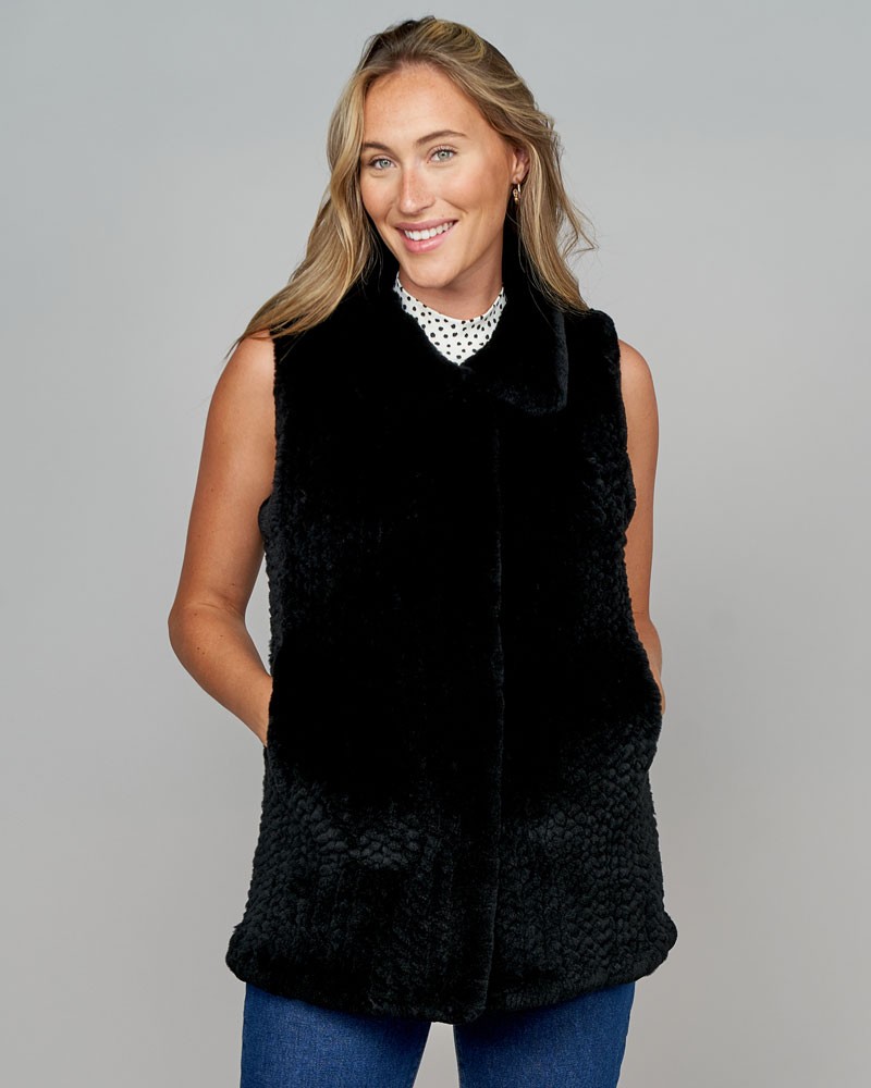Milan Knit Rex Rabbit Fur Vest in Black