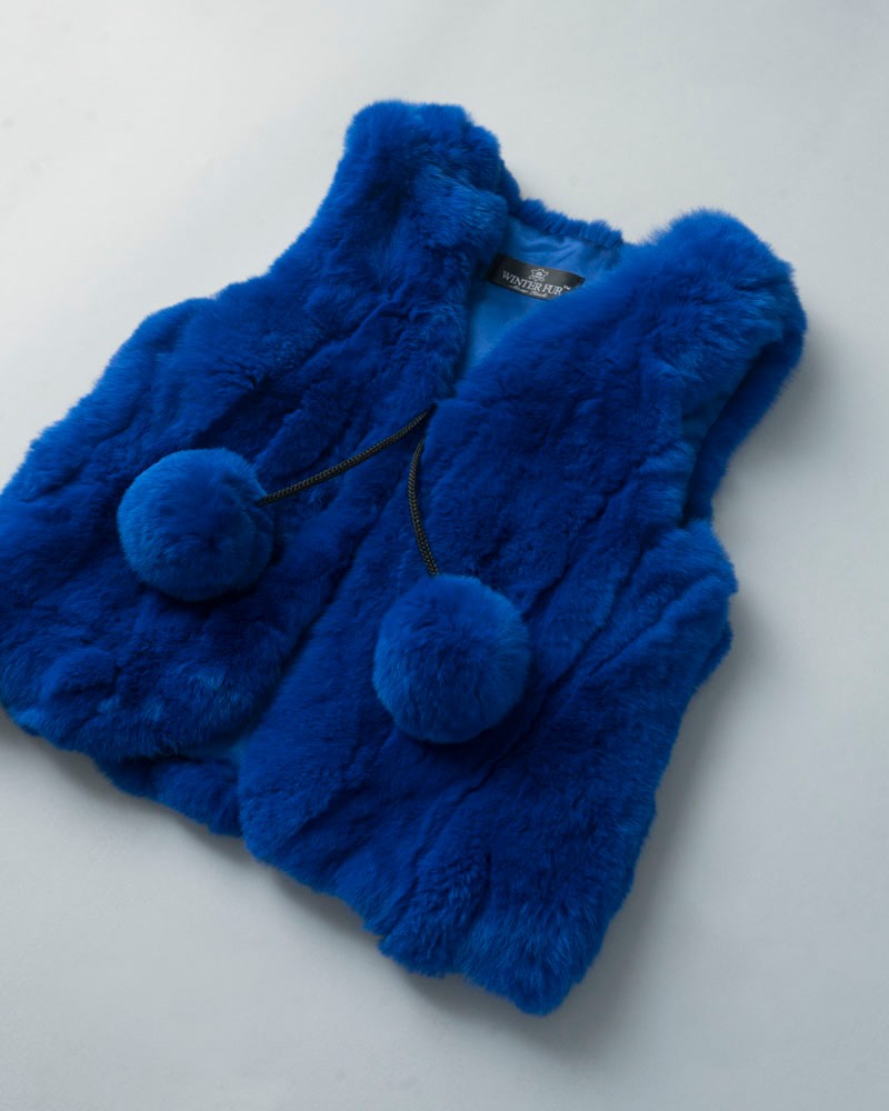 Mini Adelyn Rabbit Fur Vest with Pom Poms in Blue for Kids