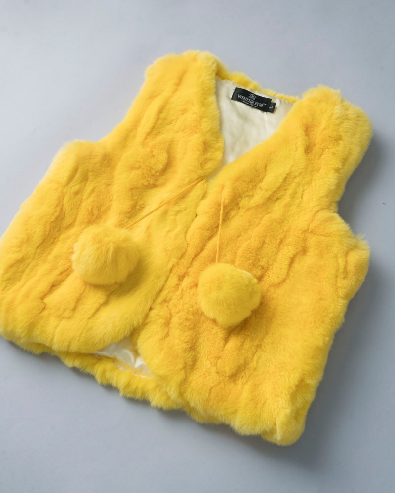 Mini Adelyn Rabbit Fur Vest with Pom Poms in Yellow for Kids