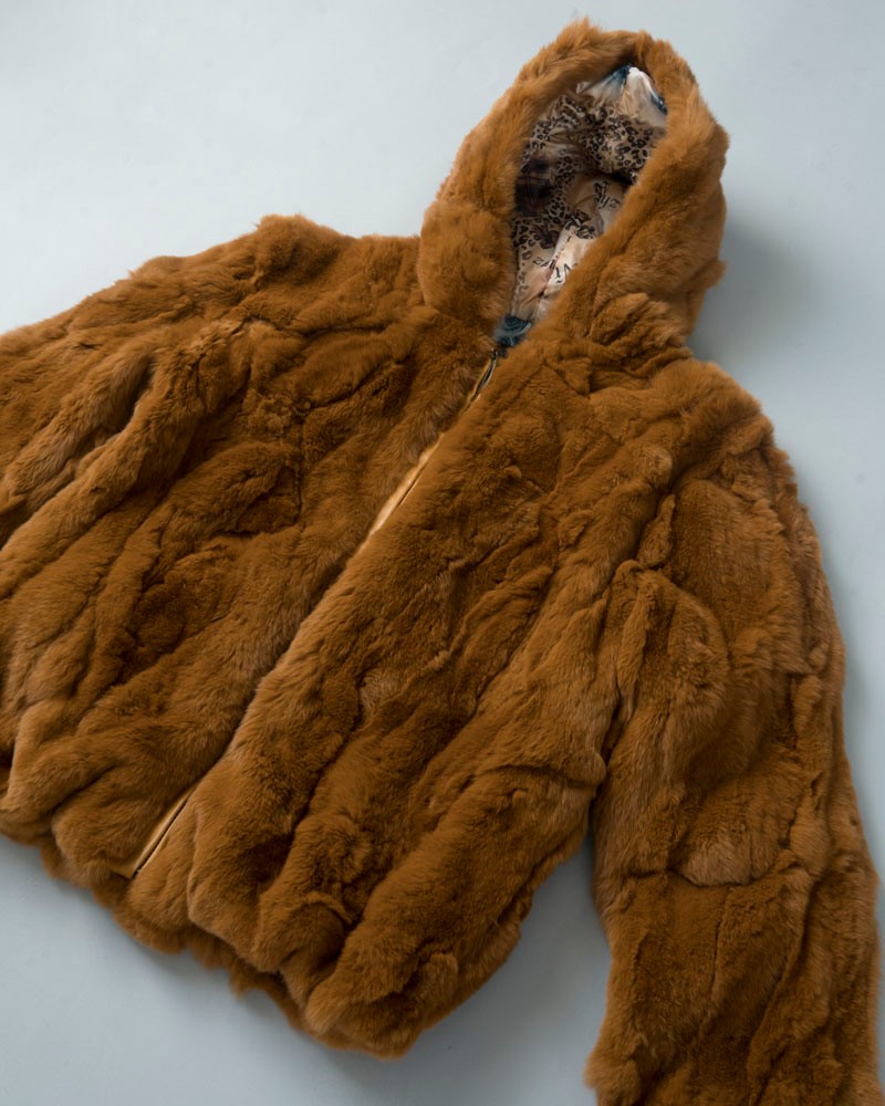 Mini Alana Rabbit Fur Hooded Bomber Jacket in Whiskey for Kids