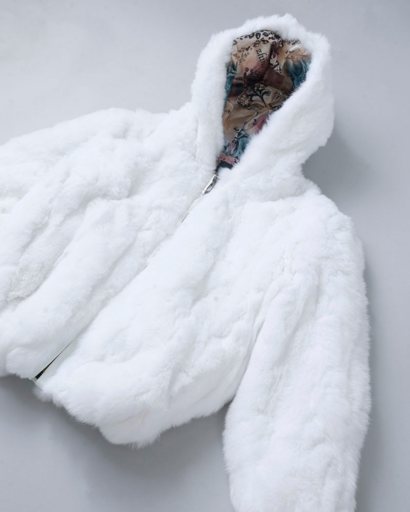 Mini Alana Rabbit Fur Hooded Bomber Jacket in White for Kids
