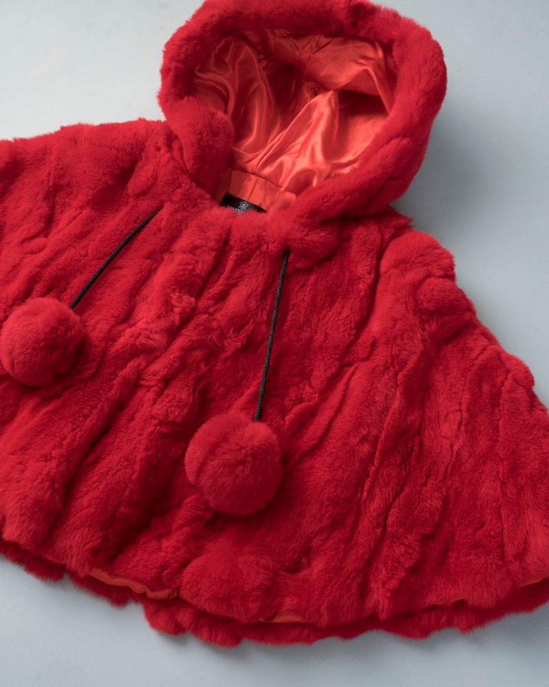 Mini Delaney Rabbit Fur Poncho in Red for Kids