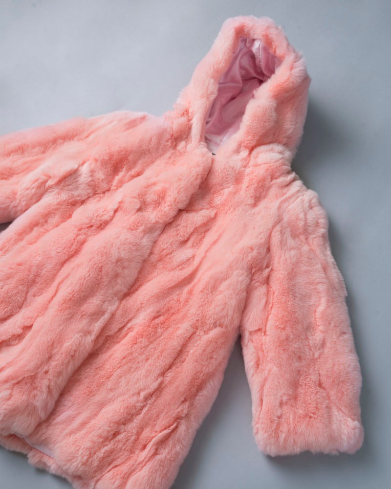 Mini Mackenzie Hooded Rabbit Fur Jacket in Light Pink for Kids