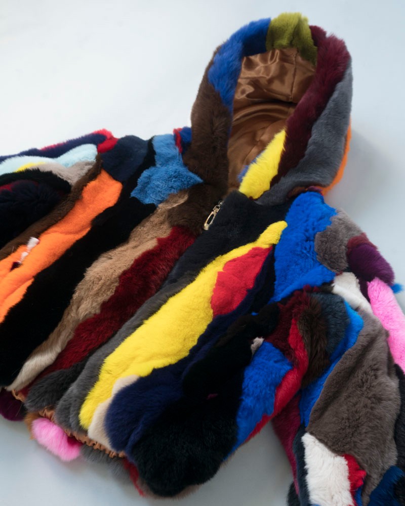 Mini Sawyer Multi-Color Rabbit Fur Hooded Bomber Jacket for Kids