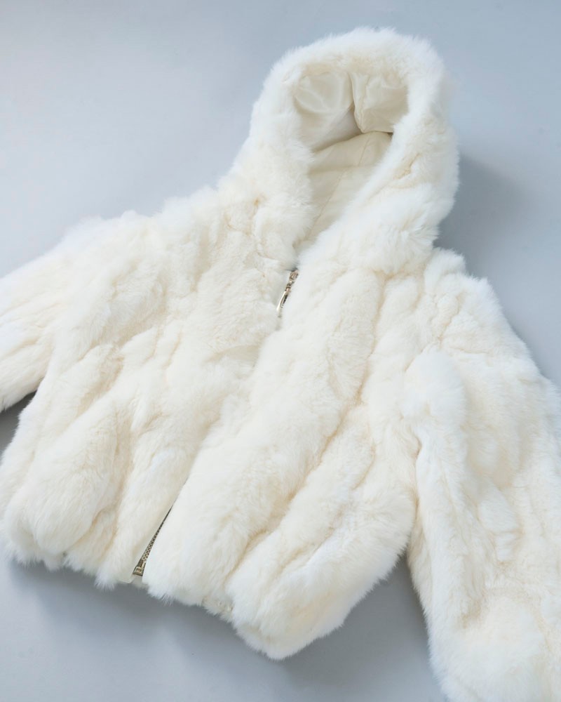 Mini Sawyer Off-White Rabbit Fur Hooded Bomber Jacket for Kids