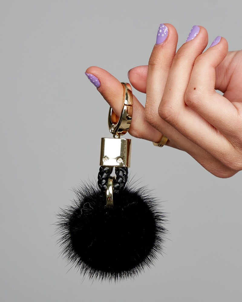 Mink Fur Key Ring Pom Pom in Black