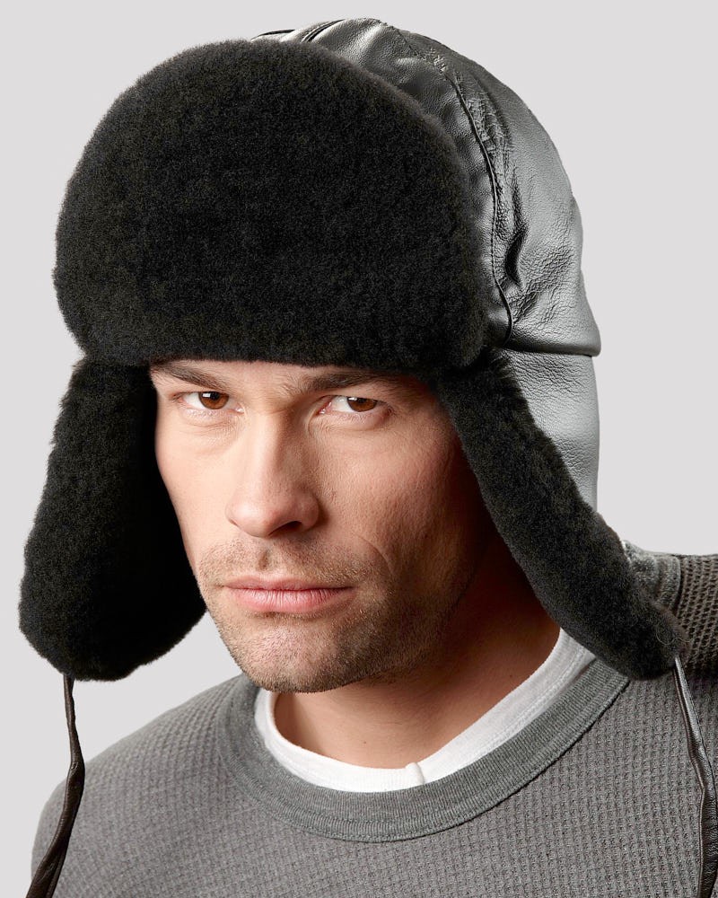 Black Mouton Sheepskin Trapper Hat for Men