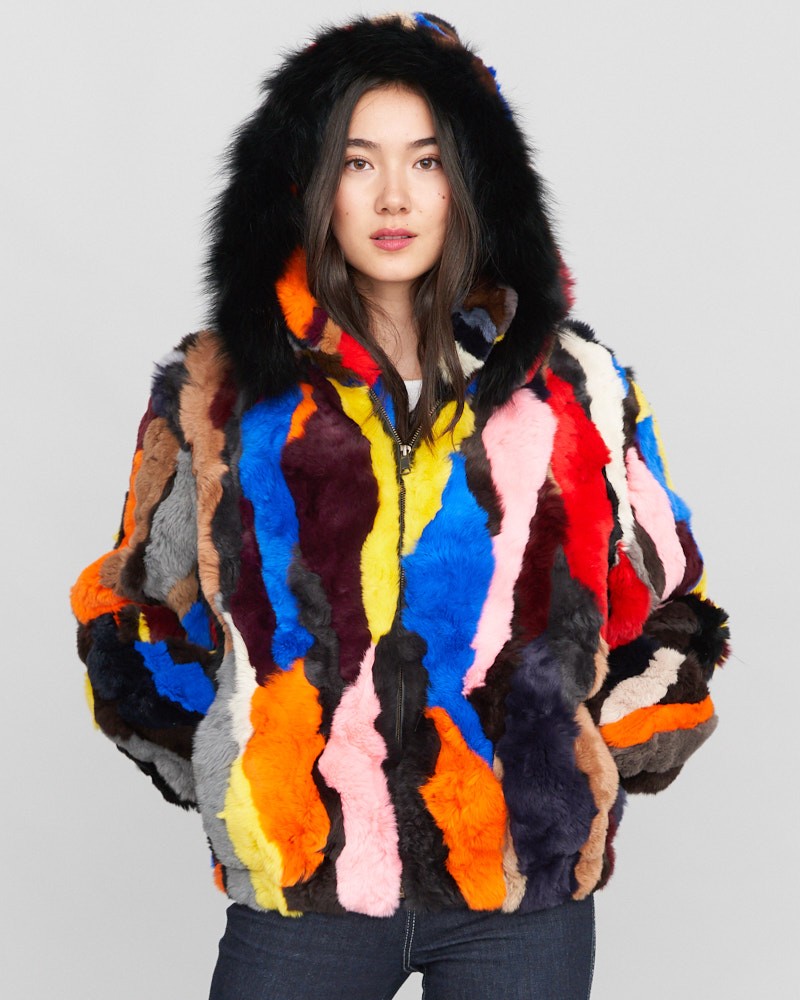 Sarah Multi Color Rabbit Fur Bomber Jacket with Hood