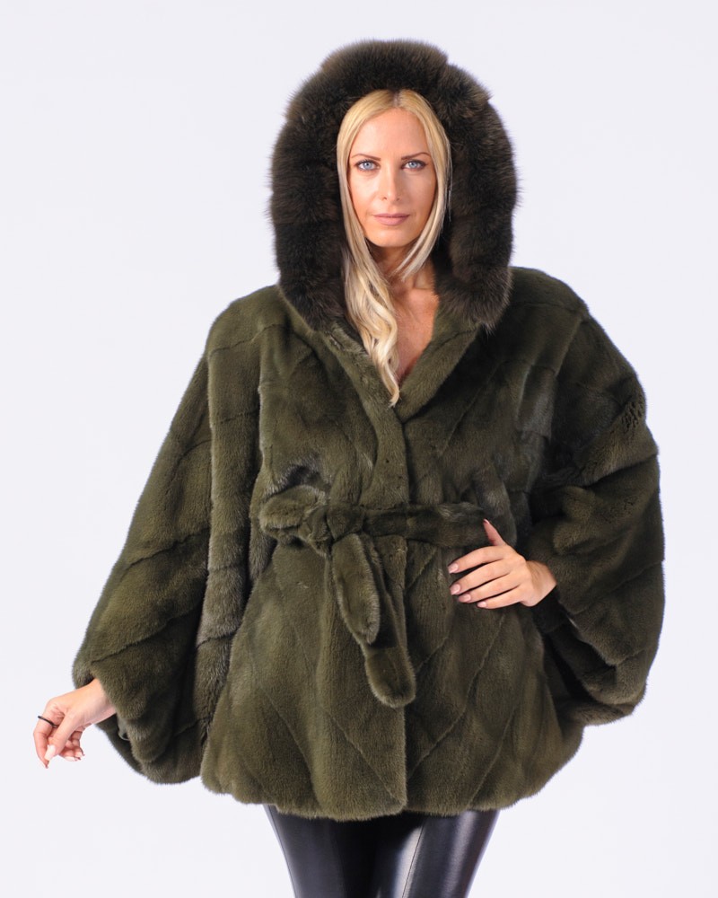 Nettie Mink Fur Cape in Khaki with Sable Fur Hood