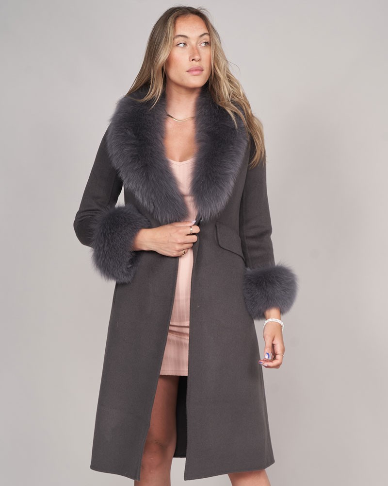 November Wool A-line Coat in Charcoal with Fox Fur Trim