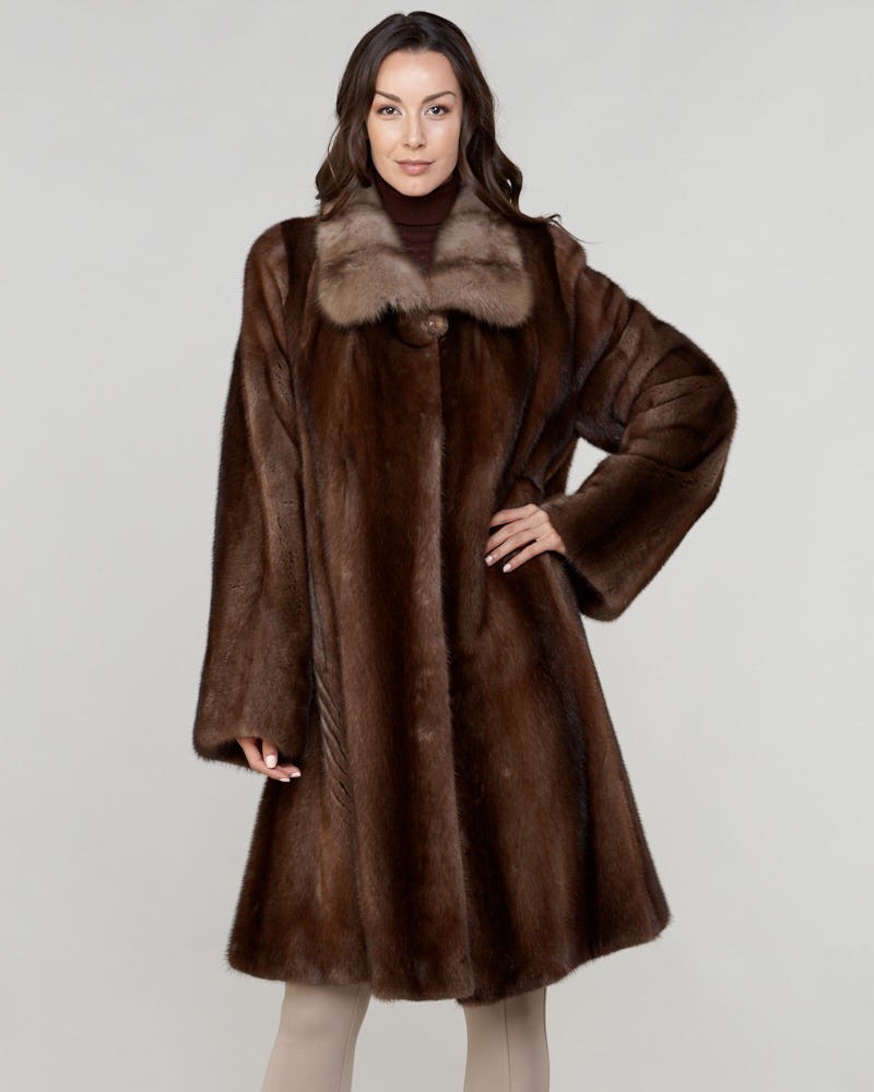 Olga Long Hair Mink Fur Coat with Sable Fur Trim in Brown