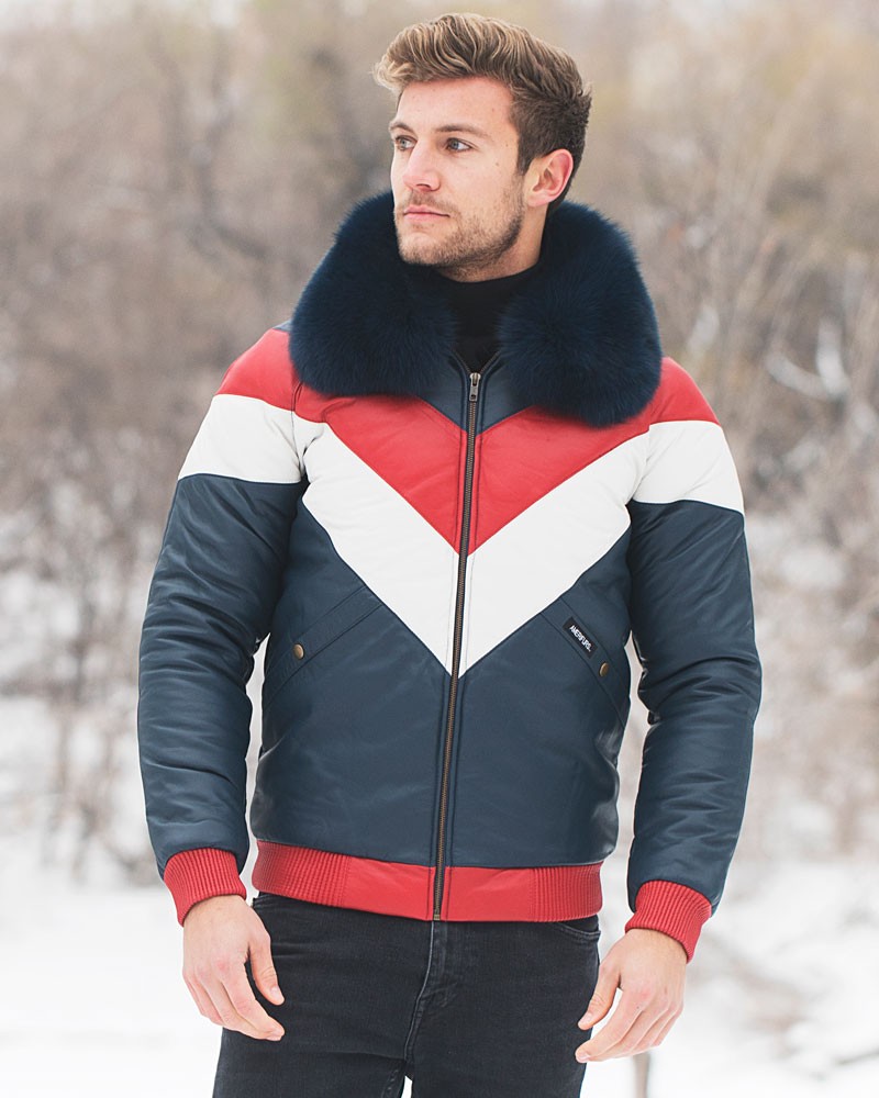 Oliver Color Block Genuine lamb Nappa Leather Bomber Jacket with Navy real Fox Fur Collar