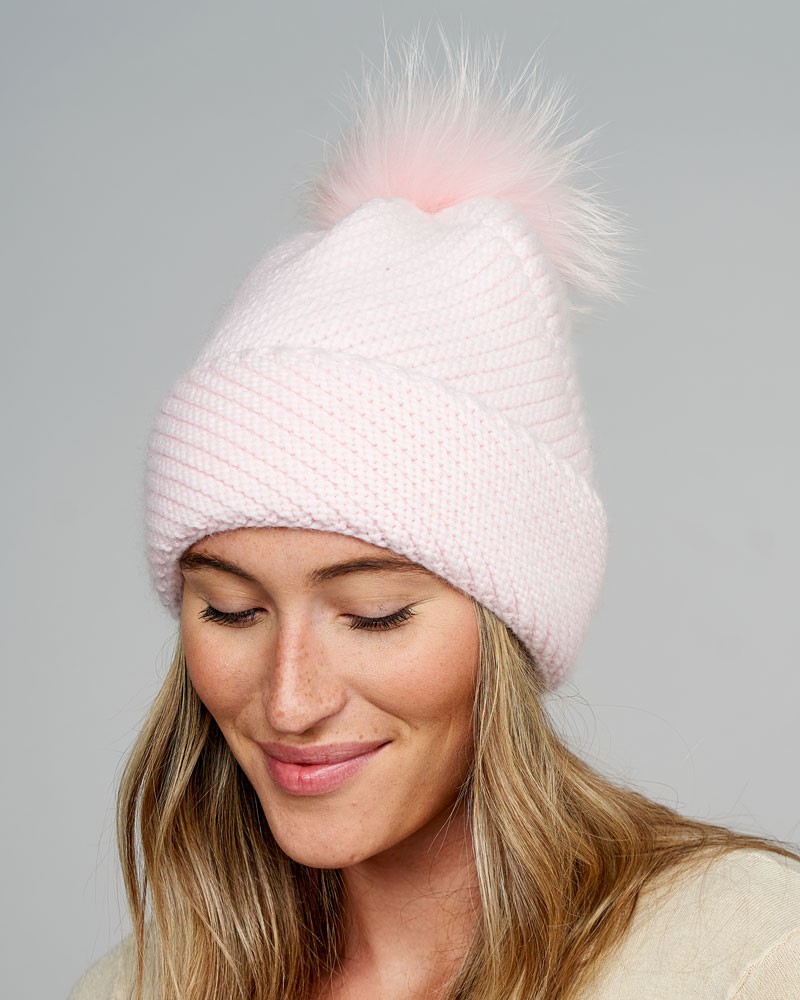 Queen Knit Beanie Hat with Finn Raccoon Pom Pom in Light Pink