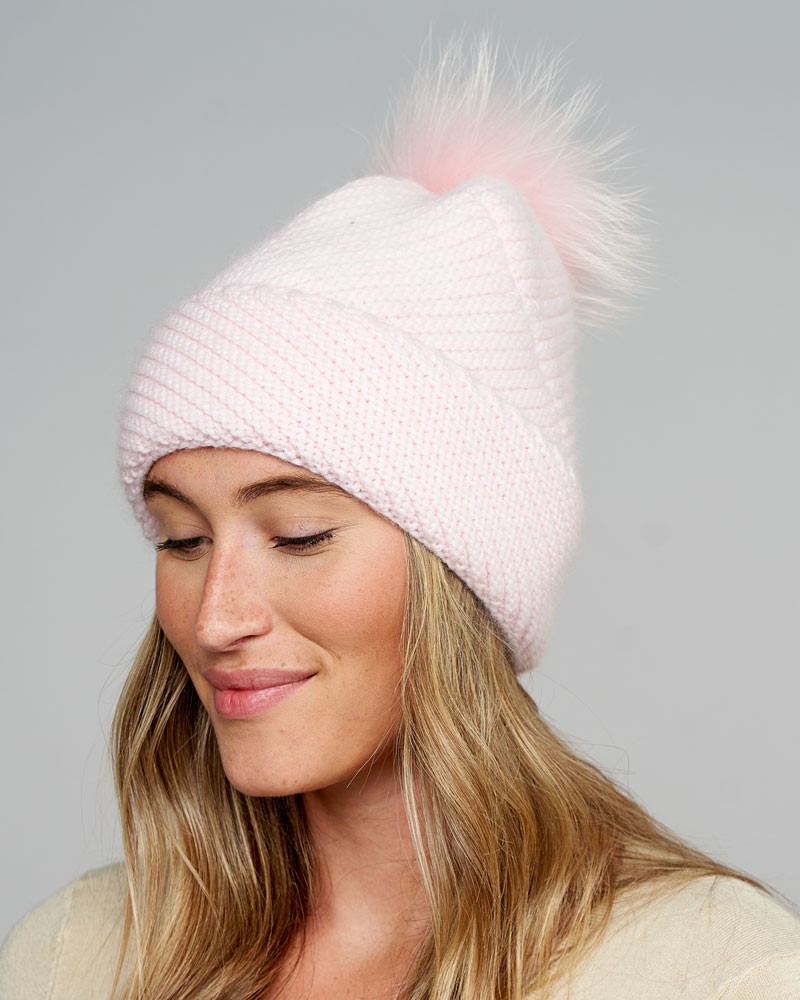 Pink Knit hat Winter Beanie for Women and Kids Warm Ribbed with Large Genuine Fur Pompom 30% Acrylic 70% Wool 