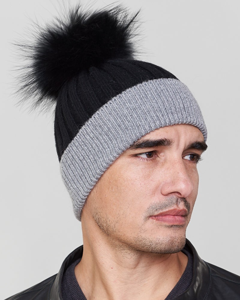 Phoenix Knit Beanie Hat with Finn Raccoon in Black/Grey for Men