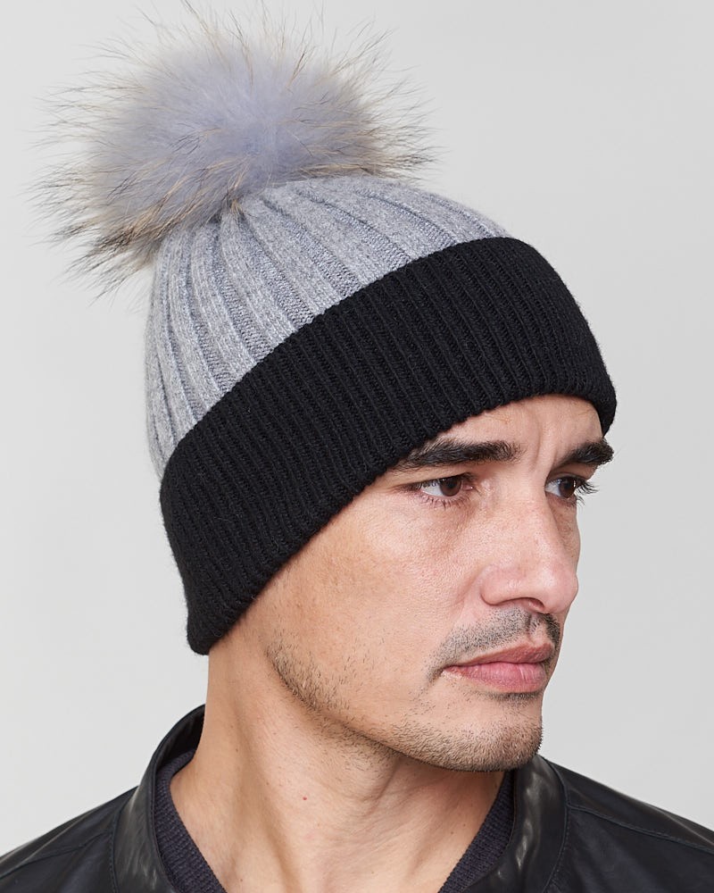 Phoenix Knit Beanie Hat with Finn Raccoon in Grey/Black for Men