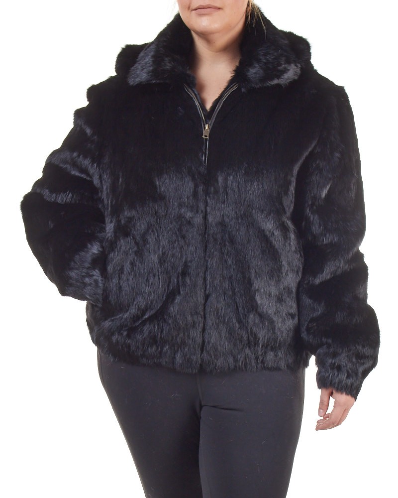 Plus Size Frances Black Rabbit Fur Bomber Jacket with Hood
