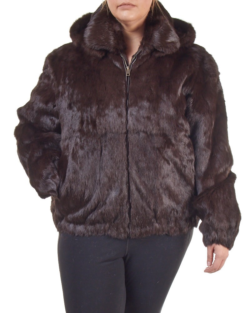 Plus Size Frances Brown Rabbit Fur Bomber Jacket with Hood