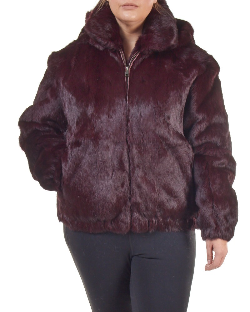 Plus Size Frances Burgundy Rabbit Fur Bomber Jacket with Hood