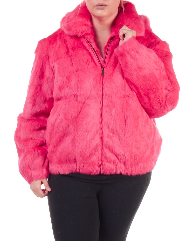 Plus Size Frances Pink Rabbit Fur Bomber Jacket with Hood