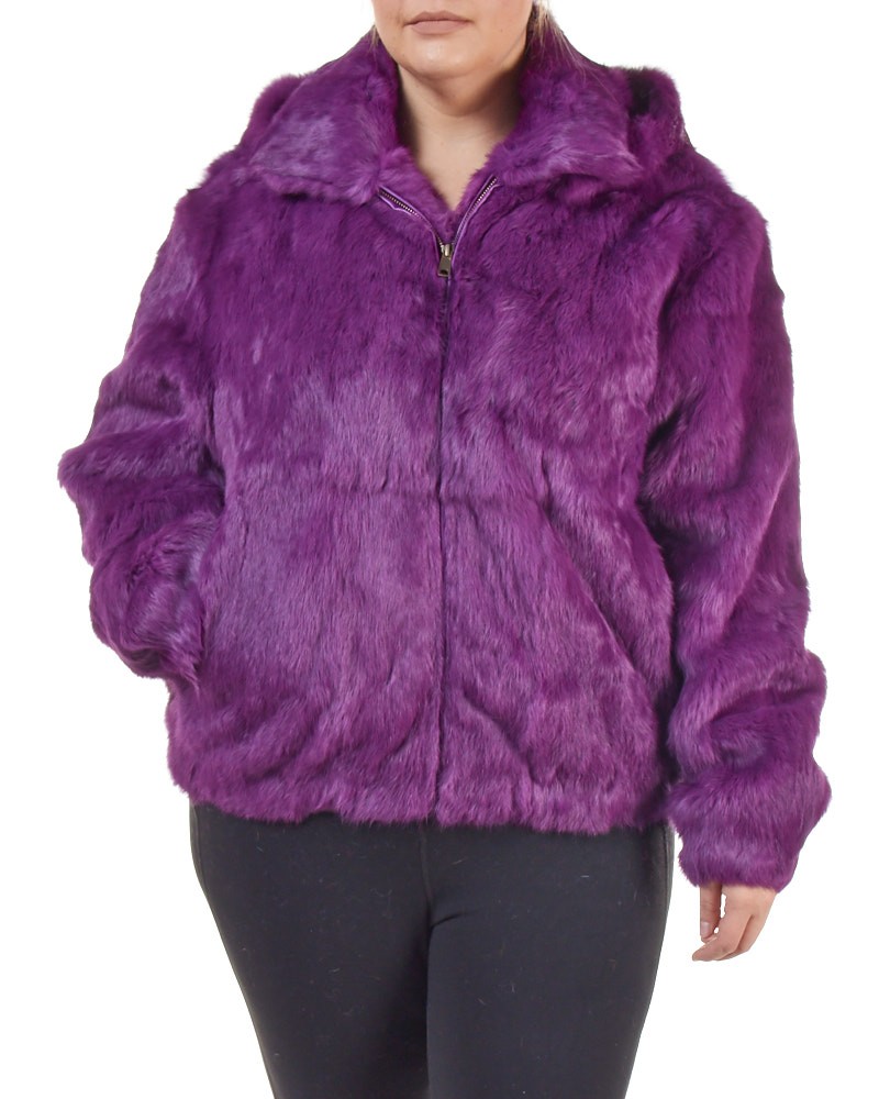 Plus Size Frances Purple Rabbit Fur Bomber Jacket with Hood
