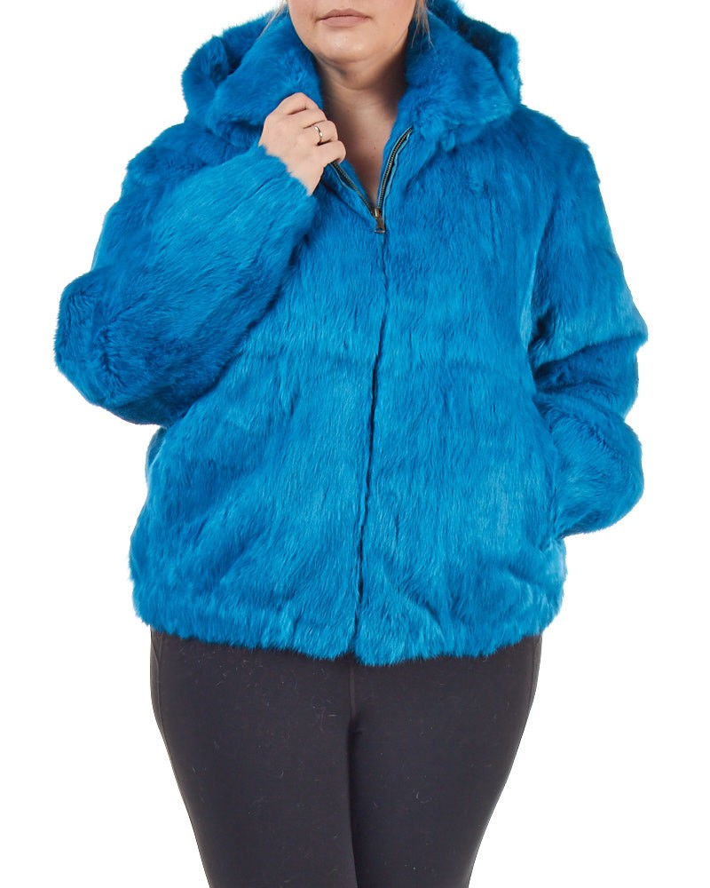 Chaqueta Bomber con capucha talla grande Frances de piel de conejo azul