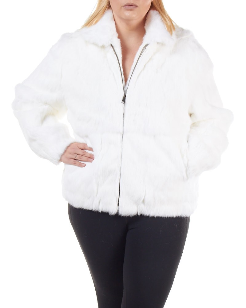 Plus Size Frances White Rabbit Fur Bomber Jacket with Hood
