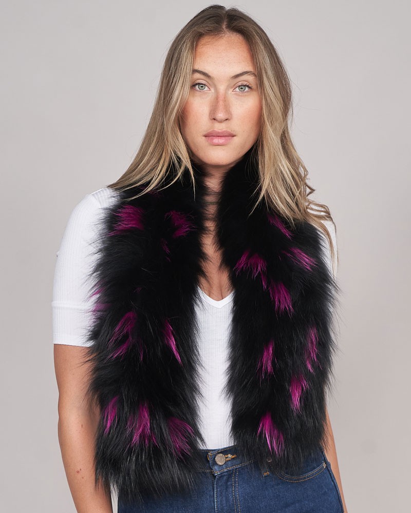 Reese Knitted Fox Fur Pull Through Scarf in Black with Magenta