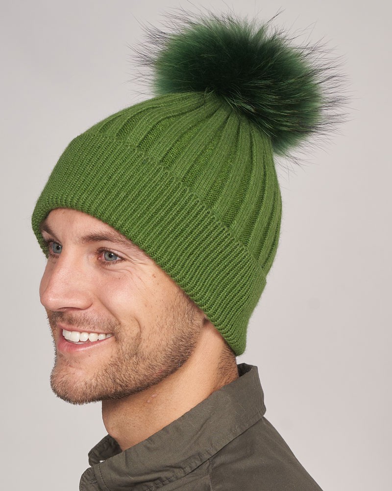 Rocco Knit Beanie Hat with Finn Raccoon Fur Pom Pom in Green