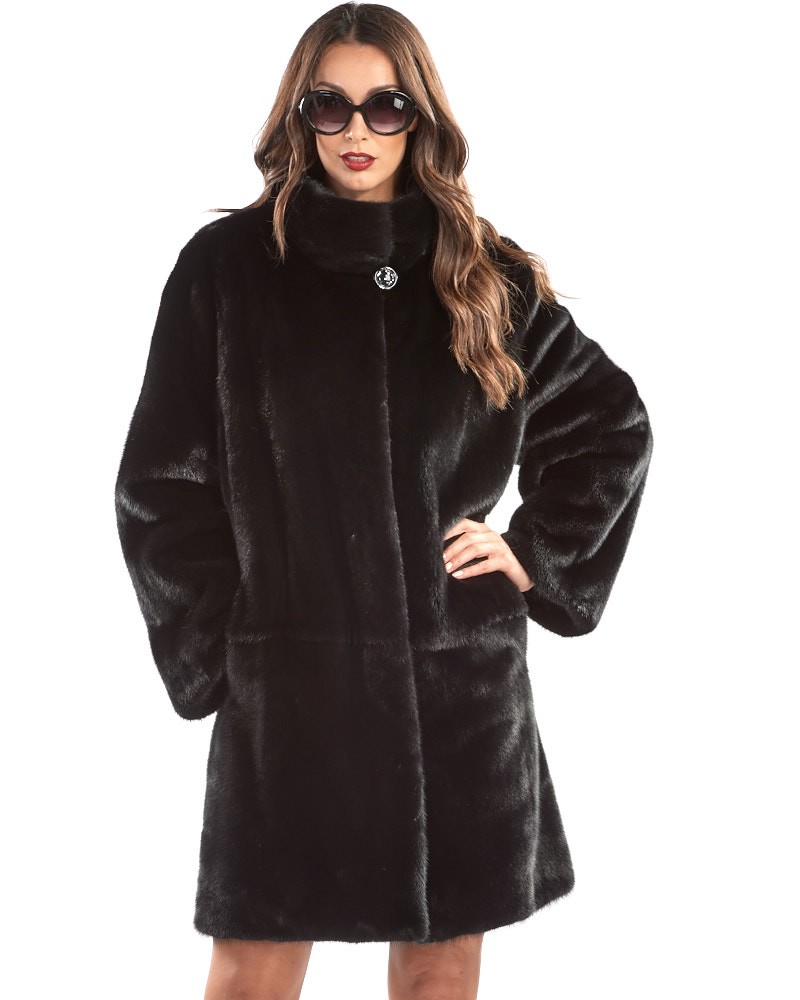 Samara Black Mink Fur Coat with Stand up Collar