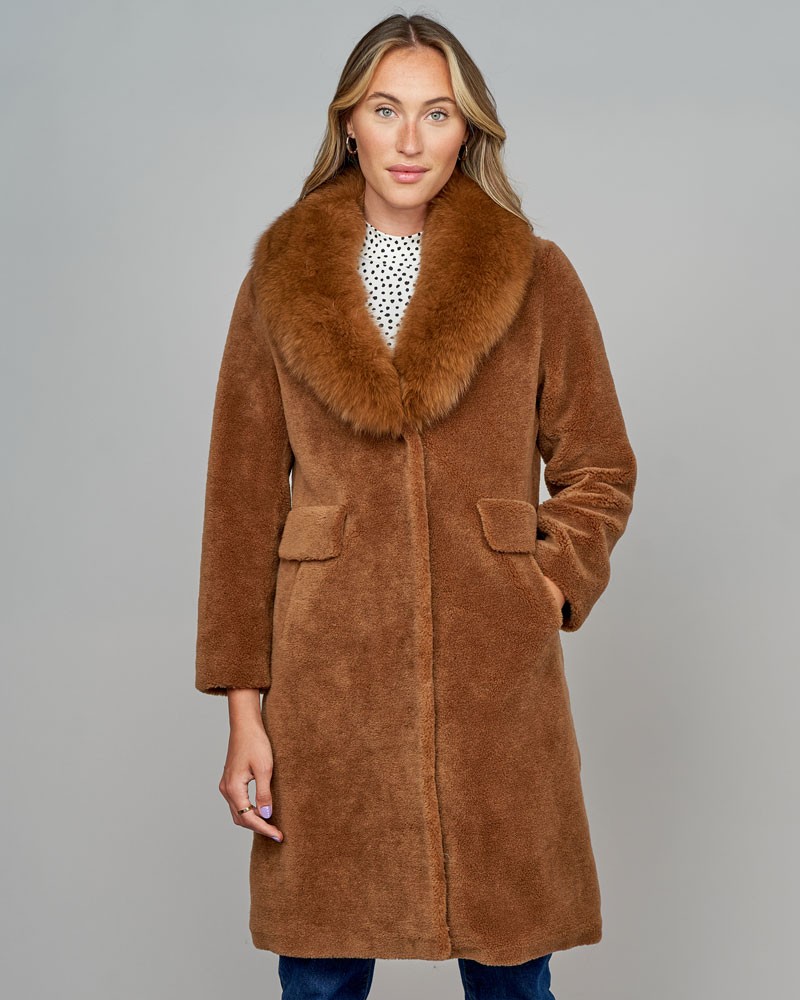 Debbie Wool Coat with Fox Collar in Brown
