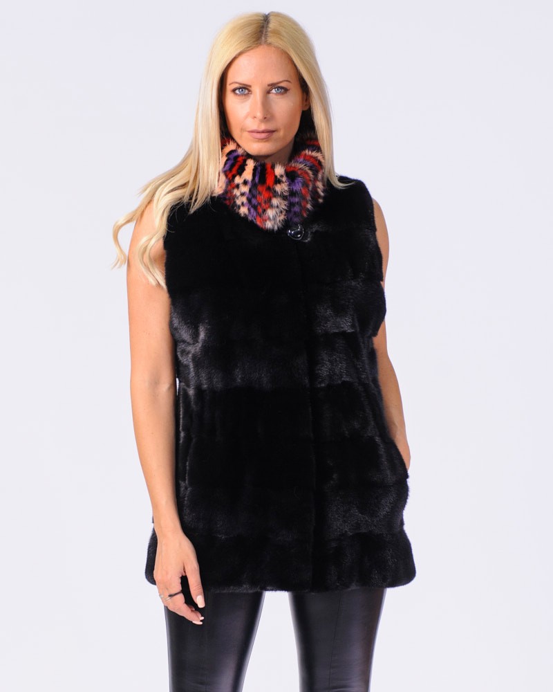 Sloanie Black NAFA Mink Fur Vest with Multi-Color Mink Fur Collar