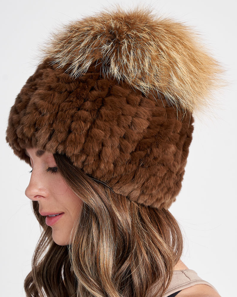 Sloan Knit Rex Rabbit Fur Hat with Fox Fur in Brown