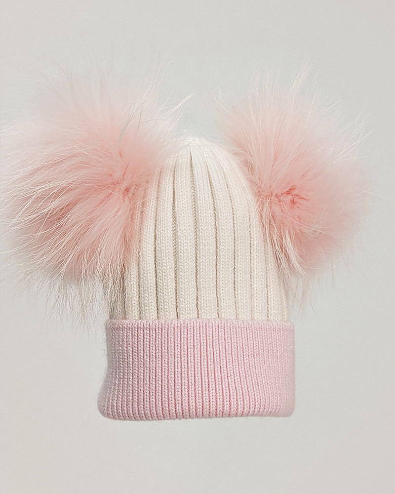 Stormi Kids Double Pom Pom Beanie Hat in Pink/White