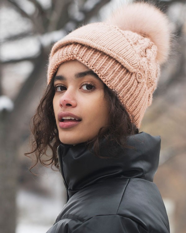 The Cove Beanie with Face Mask and Raccoon Pom Pom in Pink