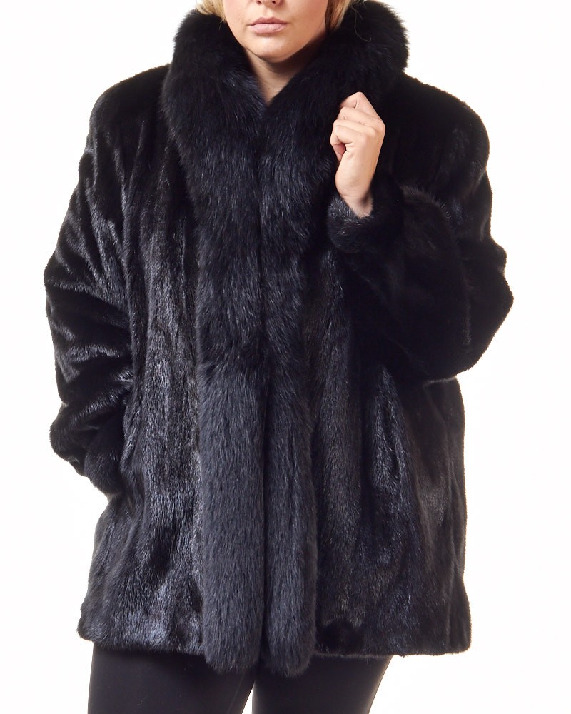 Manteau en Vison Caitlin Noir Taille Plus avec Col Tuxedo en Renard