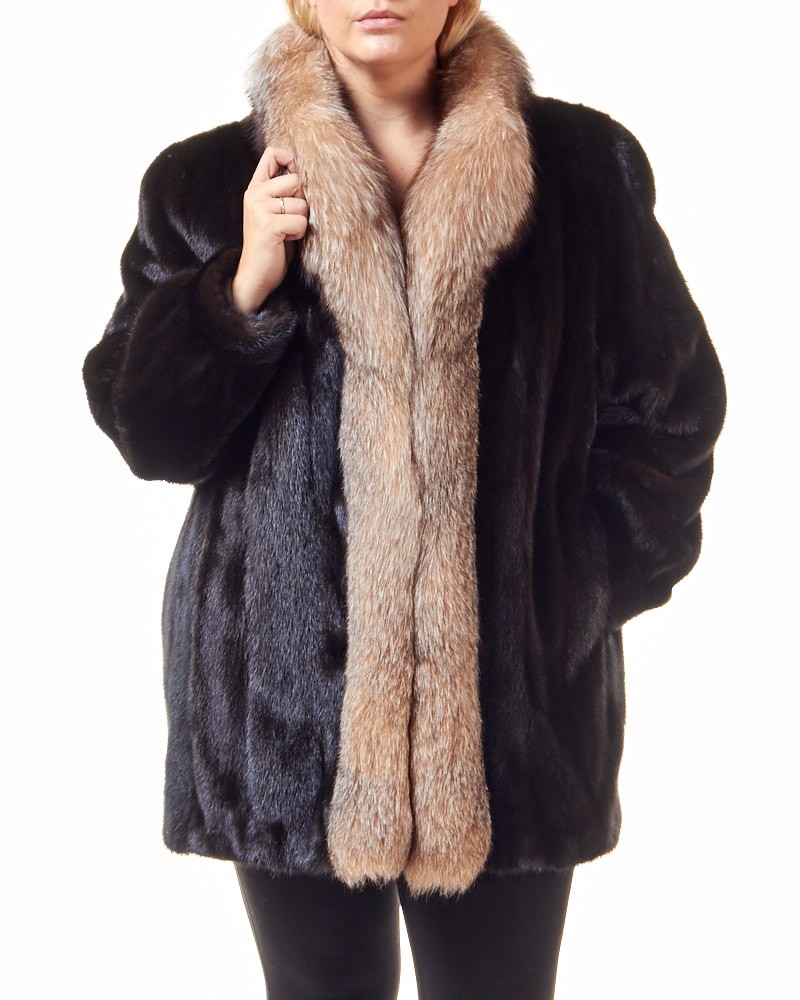 The Plus Size Caitlin Mahogany Mink Coat with Fox Tuxedo Collar