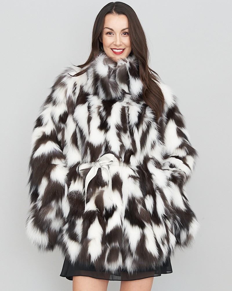 Vera Black and White Section Fox Fur Poncho
