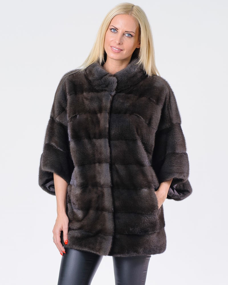 Veronica Mink Fur Coat with 3/4 Length Sleeves in Brown