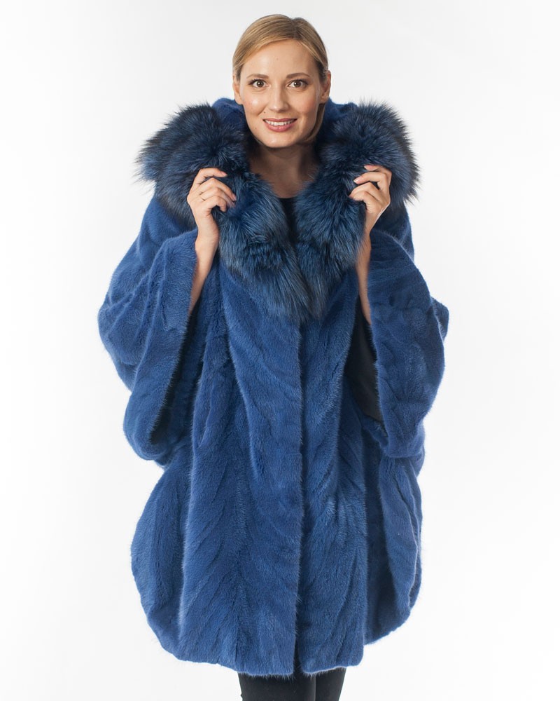 Viola Blue Mink Fur Poncho with Blue Fox Fur Hood