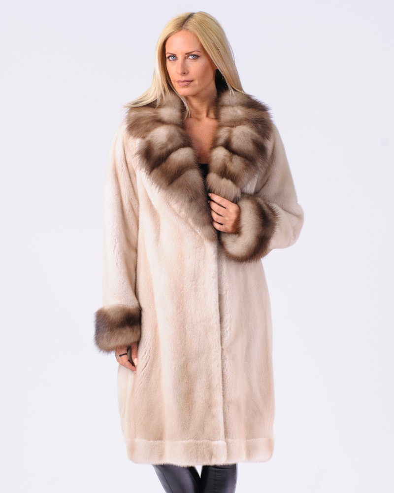 Waverly Mink Fur Coat with Marten Fur Notch Collar and Cuffs