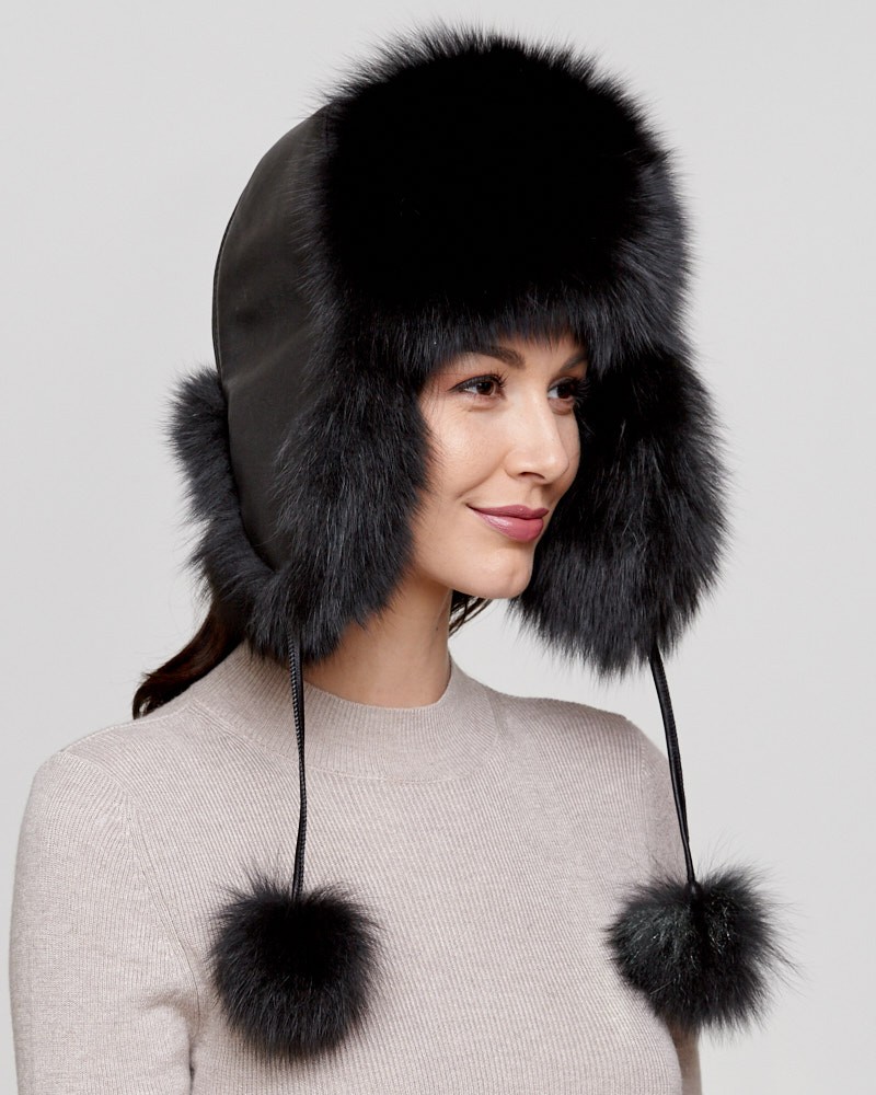 Womens Black Fox Fur Excursion Trapper Hat with Pom Pom